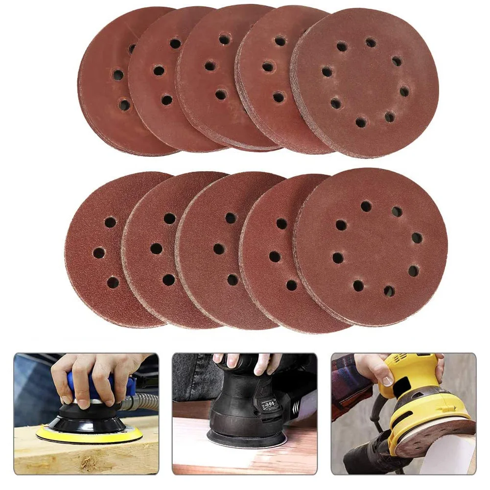 

100PCS Sanding Disc Round Sandpaper 125MM Orbital Sander Mixed Grits 5 Inch 8 Holes Dark Red Sanding Disc Hook And Loop