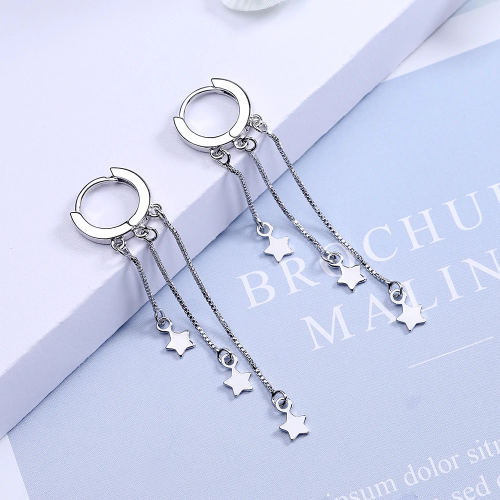 

925 Sterling Silver New Women's Fashion Jewelry High Quality Simple Retro Stars Exaggerated Long Tassel Earrings