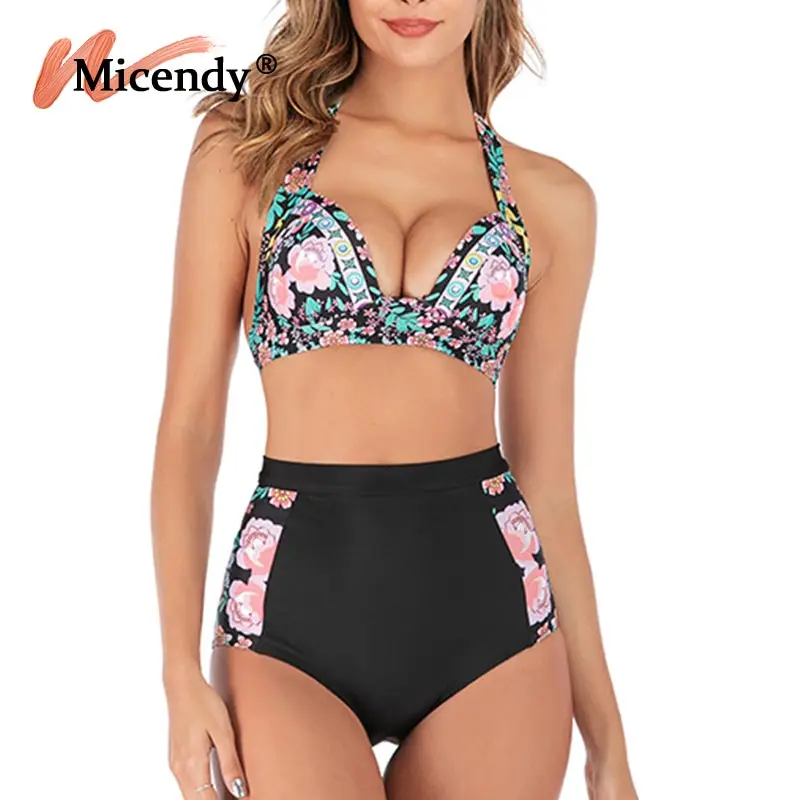 

Micendy High Waist Bikinis Sexy Push Up Swimwear Women Halter Top Bather Bathing Suits Swim Solid Pleated Swimsuit Bikini Set