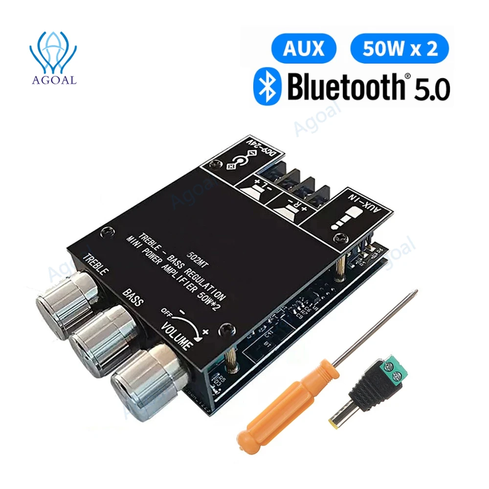 

502MT 2*50W bluetooth 5.0 2.0 Channel High Power Audio Stereo Amplifier Board AUX Bass Treble AMP Subwoofer Amplifier Board