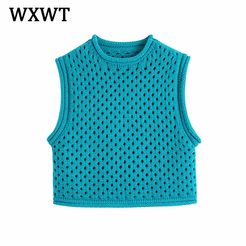 

WXWT Fashion Women Solid Hollow Out O Neck Knitted Vest Sweater Vintage Sleeveless Female Waistcoat Chic Short Tops BB1143