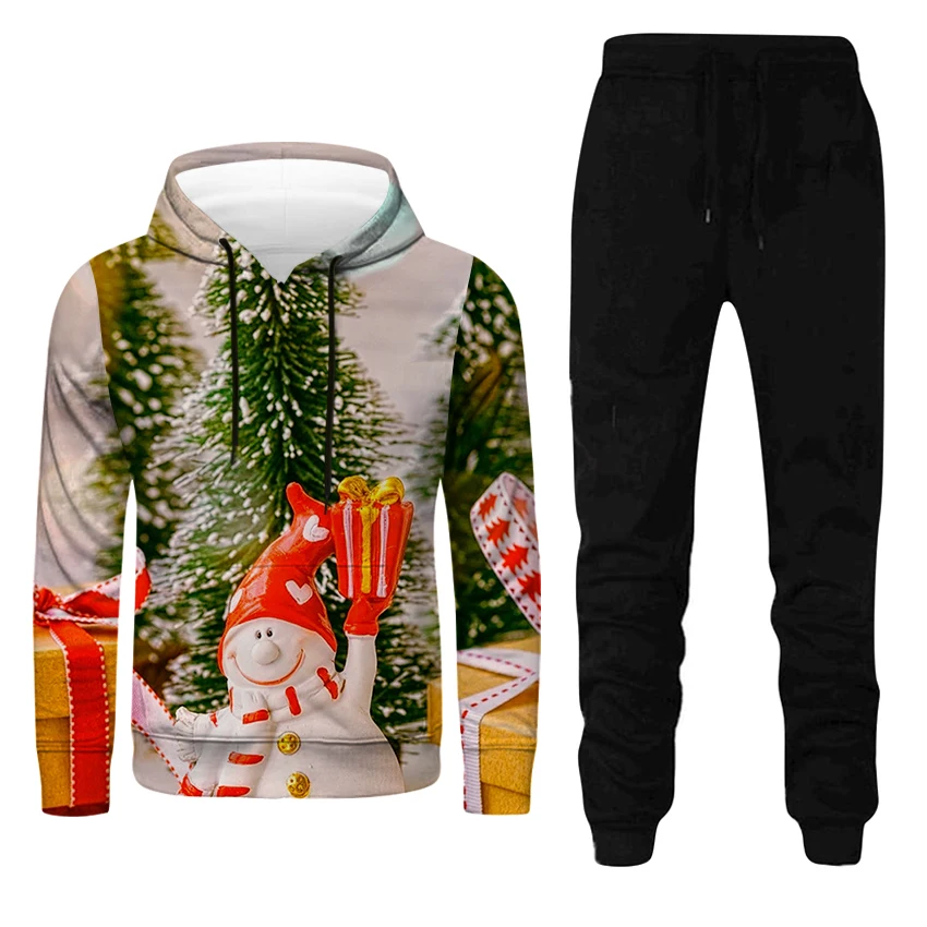 

Christmas men's sweater 2-piece set autumn and winter leisure cartoon snowman print lazy style hooded fleece couple sweater suit