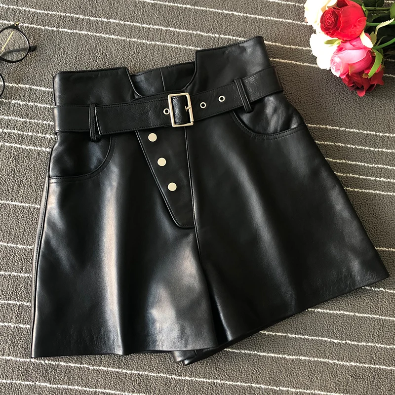 Women quality high waist real shorts 2021 Autumn sheepskin belt leather short trousers A683