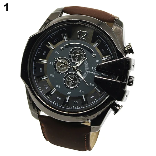 Мужские наручные часы с большим циферблатом ремешком из искусственной кожи