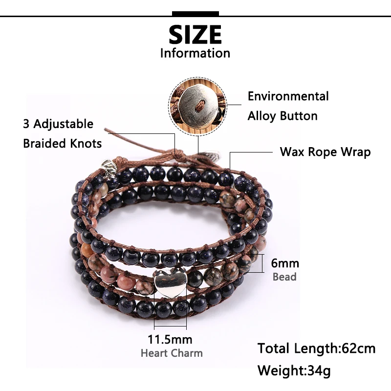 

Women Natural Stone Beaded Bracelet 6mm Blue Sandstone Black Red Vein Stone 3 Layers Wax Rope Wrap Heart Charm Wristband Jewelry