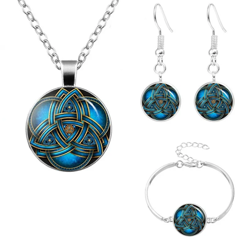 

Triangle Celtic Knot Cabochon Glass Pendant Necklace Stud Earrings Bracelet Bangle Jewelry Set Celtic Triquetra Fashion Gift