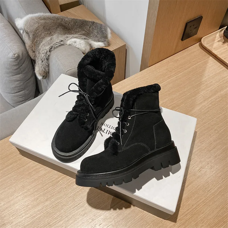 

ANNYMOLI Genuine Leather Platform High Heel Snow Boots Cow Suede Ankle Boots Women Cross Tied Block Heels Plush Short Boots 42