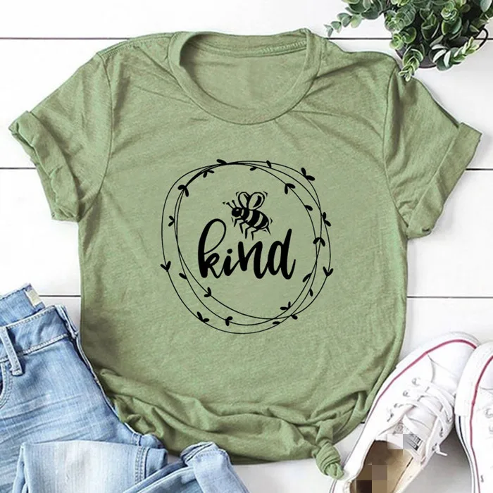 

Women Bee Kind Floral Hipster Top Tee Short Sleeve Letters Summer Floral Ladies Casual Green Funny T-Shirt