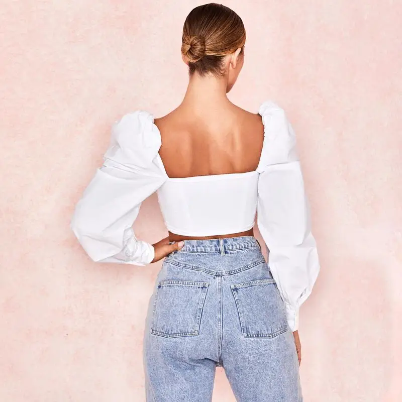 Женская Весенняя футболка с длинным рукавом квадратный воротник пышные рукава