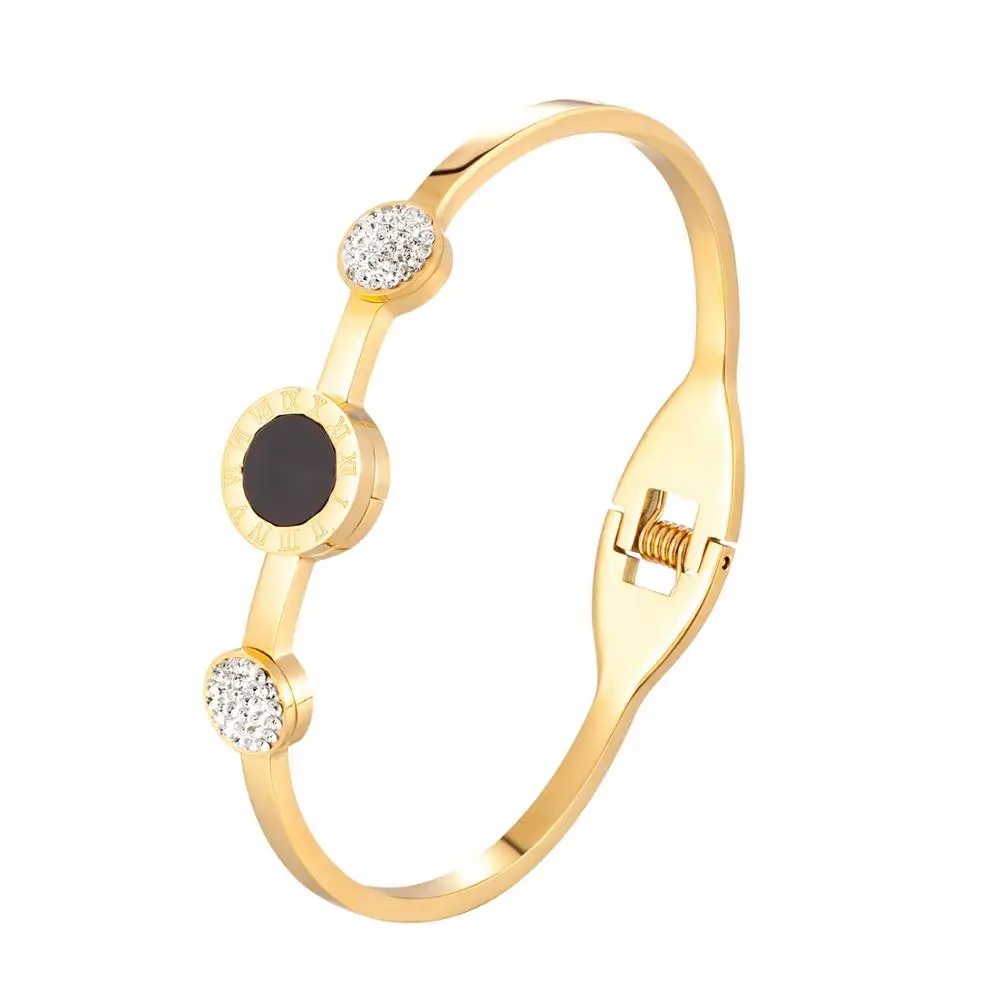 

Luxury Crystal Round Black Acrylic Roman Numerals Stainless Steel Bangles Clay Stone Bracelets For Women Girls Fashion Jewelry