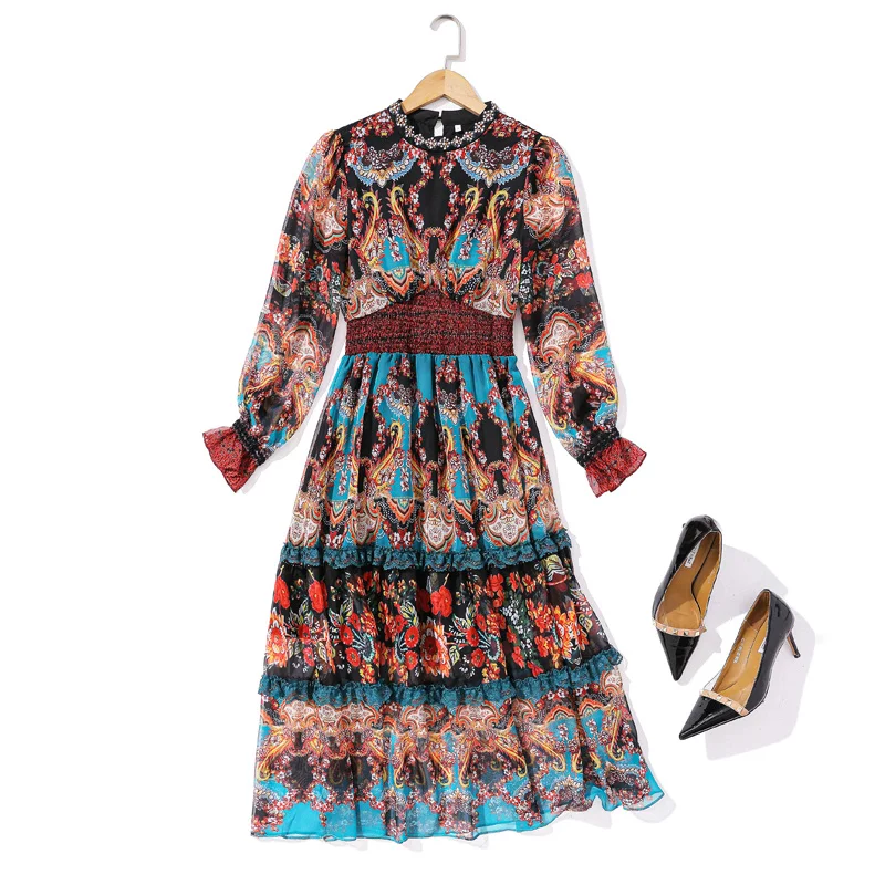 

Designer High Quality Spring New Women'S Print Vintage Fashion Elegant Party Long Sleeve Gorgeous Lace Patchwork Chiffon Dress