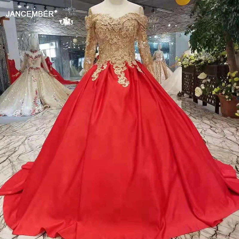 LSS385 дешевые красные свадебные платья с золотой кружевной иллюзией круглым