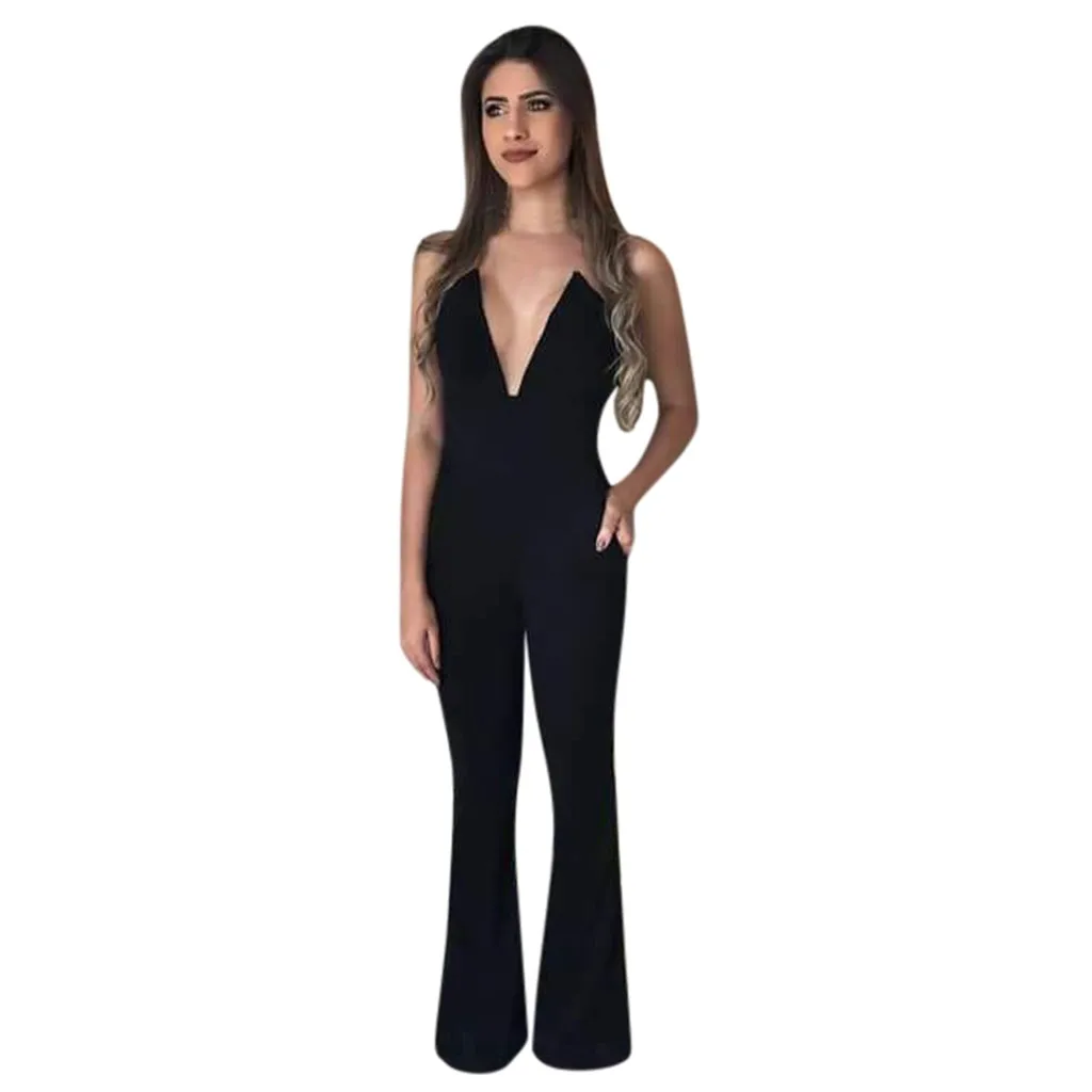 JAYCOSIN Bodysuit Fashion Casual Women Sleeveless Sexy V Neck Party Loose Plain Wide Leg Long Playsuit Jumpsuit #45 | Женская одежда