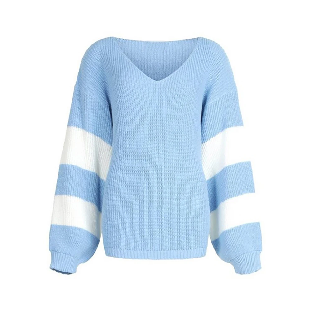 

Women Sweater Striped V neck Pullovers Knitwear Sweater Female Lantern Sleeve Autumn knitted Sweater Loose Sweater Women Clothes