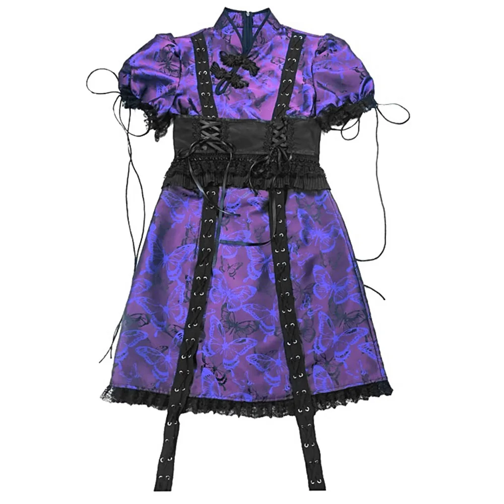 

Gothic Purple Sexy Dress Women Butterfly Print Qipao High Waist Dresses Fashion Vintage Lace Cheongsam 2021 Summer Fashion Girl