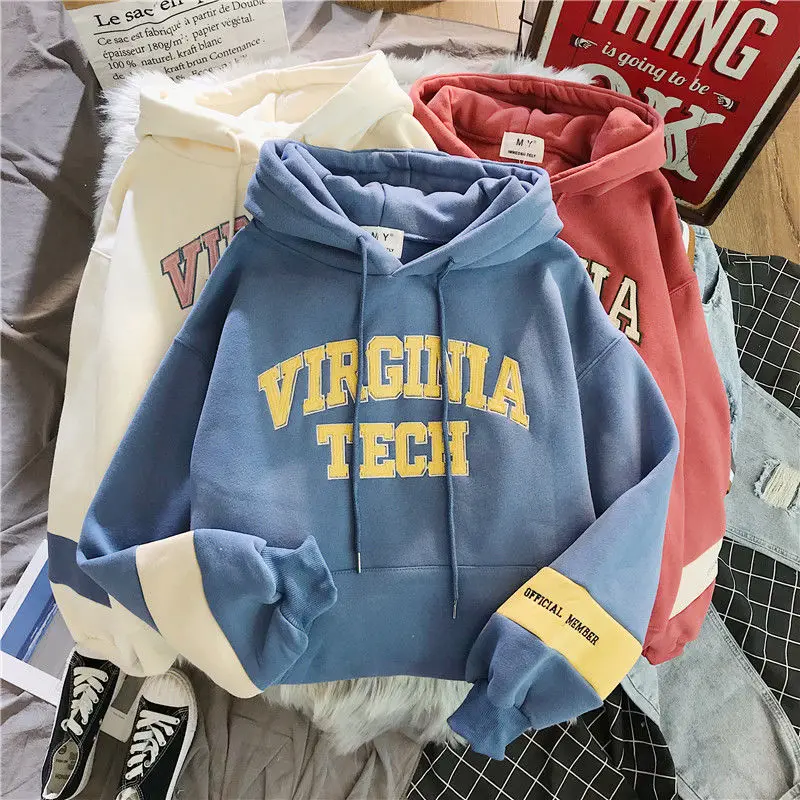 

QWEEK 2021 Fashion Korean Style Kpop Hoodies Women Streetwear Casual Letter Print Harajuku Blue Female Hoodie High Street Tops