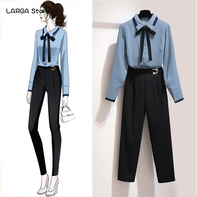 

Elegant OL Work Wear 2 Pieces Set 2020 Autumn Winter New Long Sleeve Bow Tie Up Blouse Shirts And Slim Pants Casual Suit N321