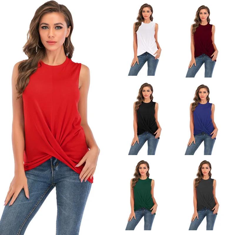 

Ladies Tops 2021 Summer New Women's Casual Round Neck Sleeveless Pleated Vest T-shirt
