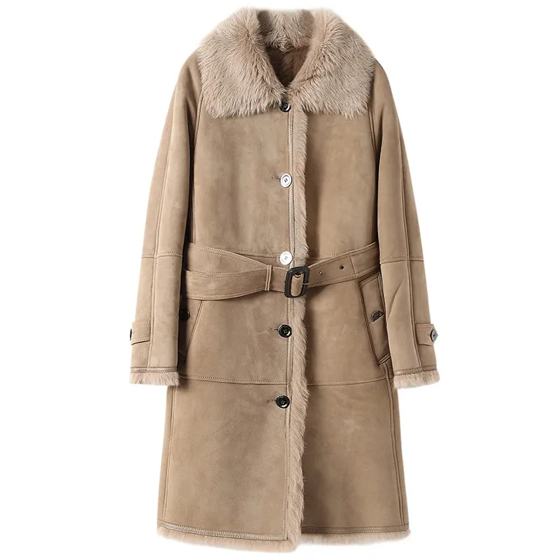 

Wool Winter Warm Liner Long Jacket Women Real Fur Shearling Office Ladies Elegant Classic Windbreakers Coat Female Overcoat New