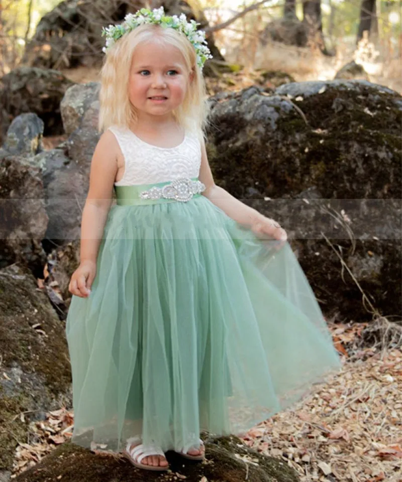 

Handmade Long Flower Girl Dress Lace Tulle Beaded Sash Wedding Party Gown Baby Girl Birthday Dress