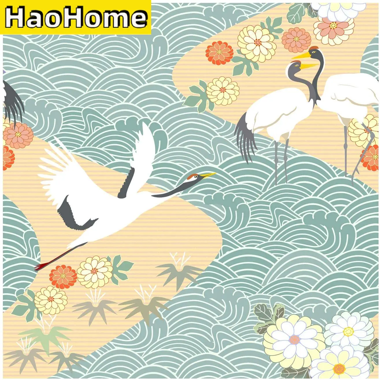 

HaoHome Peel and Stick White Crane Wallppaper Handpainting Daisy Blue Waves Self-Adhesive Prepasted Thick Wallpaper Wall Mural