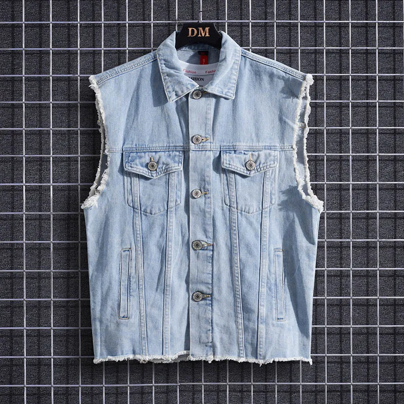

2021 Men's Denim Vest Youth Lapel Loose Edge Single-Breasted Denim Jacket
