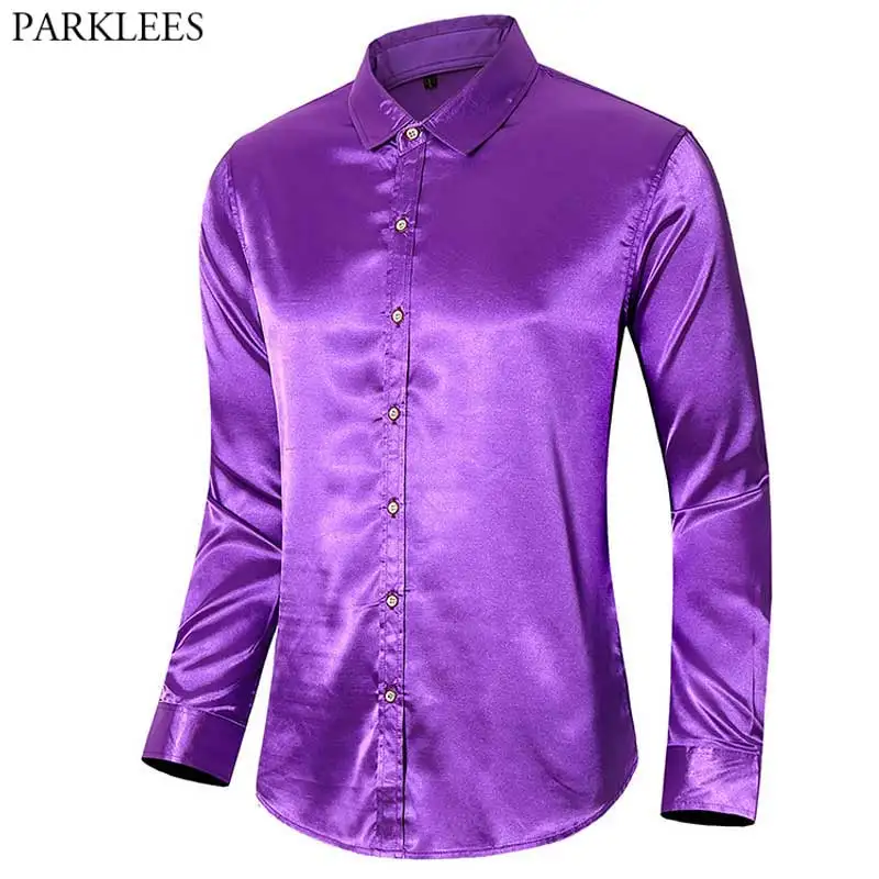 Мужская фиолетовая атласная рубашка смокинг 2021 Повседневная гладкая с длинным