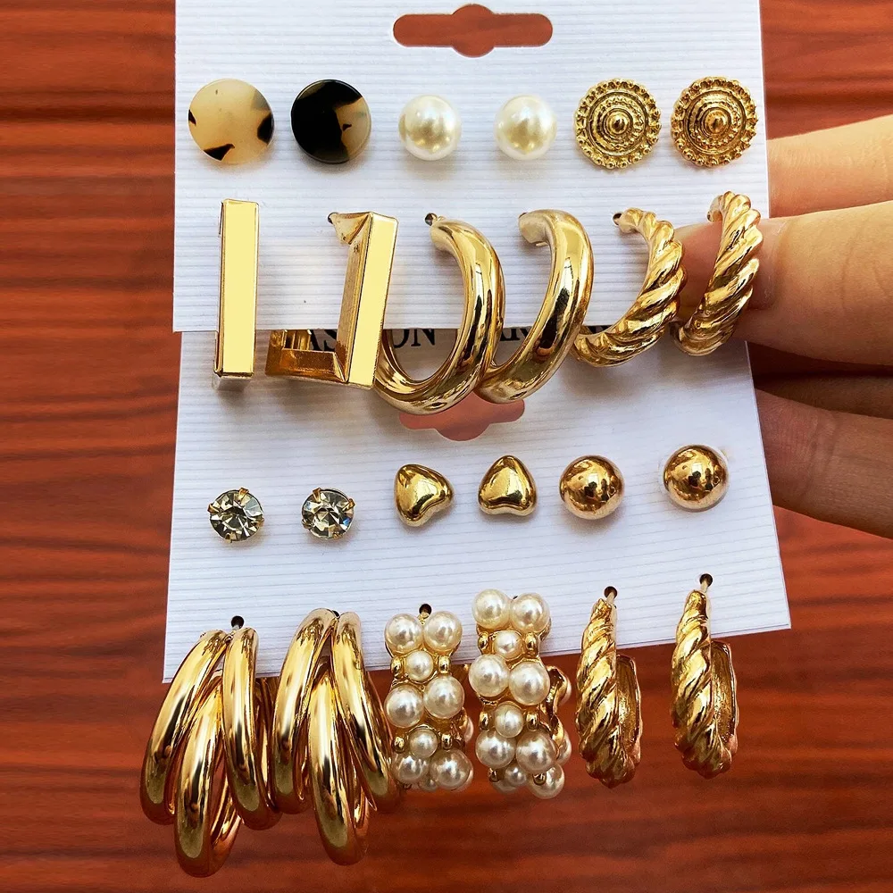 

6PCS packaging metal texture exaggerated earring artificial pearls and round earrings studs acrylic gold earrings set for women