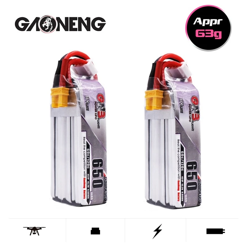 

2PCS/Set Max 120C Gaoneng GNB 4S HV Lipo Battery 15.2V 650mAh With XT30 Plug For Beta85X Whoop Quadcopter FPV Racing Drone