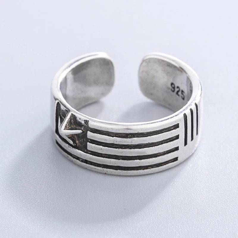 

Flag Five-pointed Star Pentagram Retro Vintage 925 Sterling Silver Adjustable Ring For Women Delicate Trendy Jewelry Gift