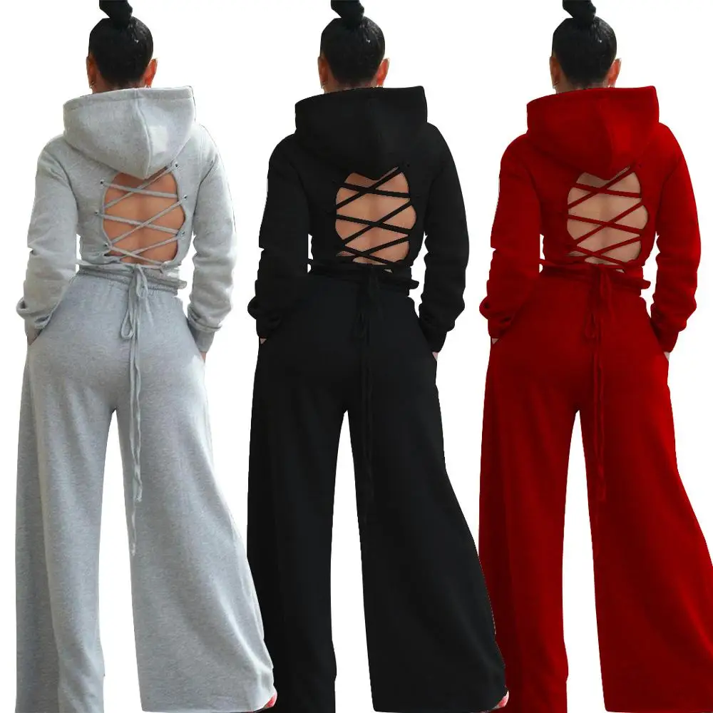 

Casual Hooded Women Two Piece Set Backless Cross Bandgae Crop Top + Long Wide Pants Tracksuit Women Streetwear Suit Outfit