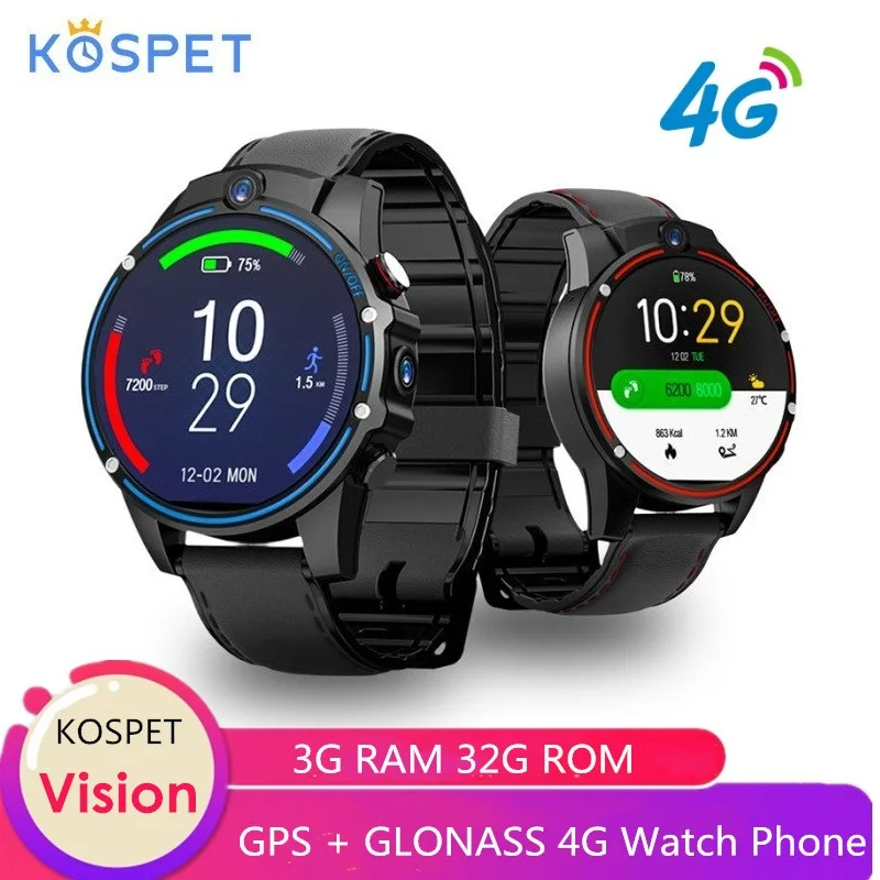 Оригинальные Смарт часы Kospet Vision 4G 1 6 дюйма IPS MTK6739 3 Гб ОЗУ 32 ПЗУ Android 7 GPS GLONASS 8 Мп + 5
