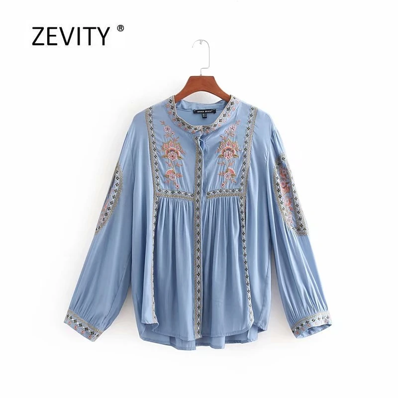 2018 Женская винтажная блузка с воротником стойкой тотемной цветочной вышивкой и