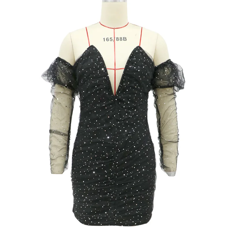 

New summer fashion women's sexy backless deep V, mesh long sleeve sequins thin waist dress female