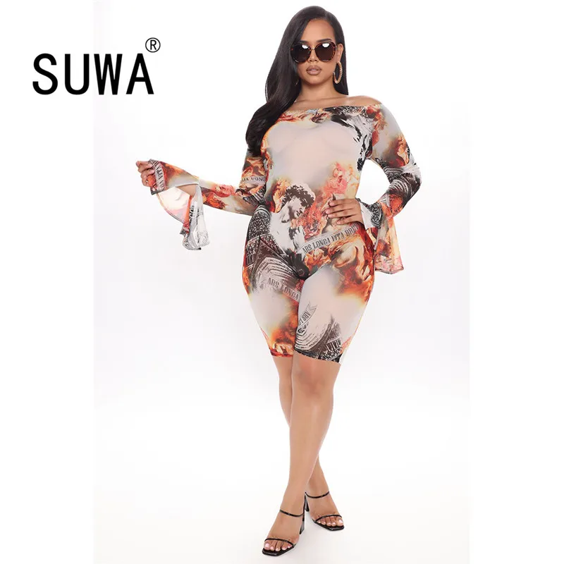 

2020 New Arrival Women Mesh Printing Printed Rompers Playsuit Casual Long Sleeve Skinny Sexy Romper Shorts