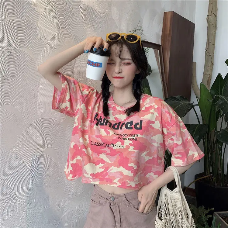 

Crop top T-shirt woman Summer super fire camouflage short short sleeve girl student Harajuku BF half sleeve T-shirt