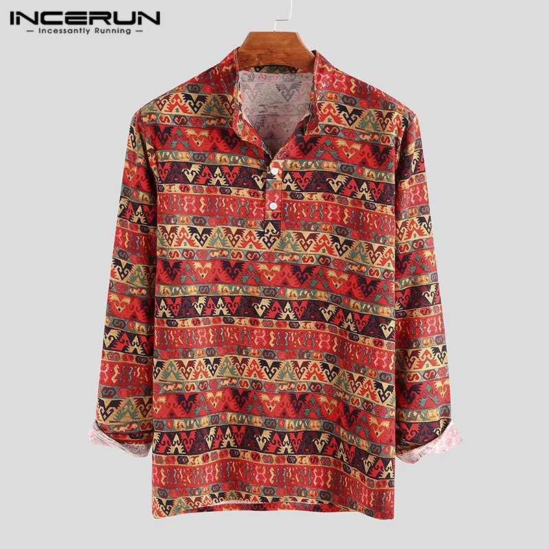 

INCERUN Men Printed Shirts Long Sleeve Stand Collar Blouse Fashion Buttons Loose Camisa Spring Man Ethnic Style Blusas Masculina