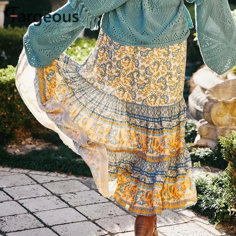 Длинная женская юбка в стиле бохо с оборками женские юбки цветочным принтом и
