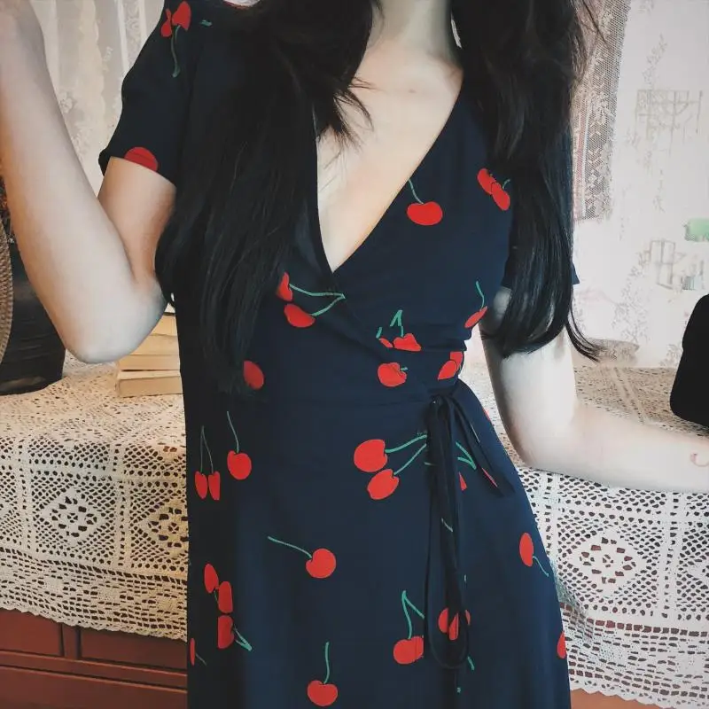 Женское винтажное платье миди TingYiLi летнее с запахом V-образным вырезом и принтом