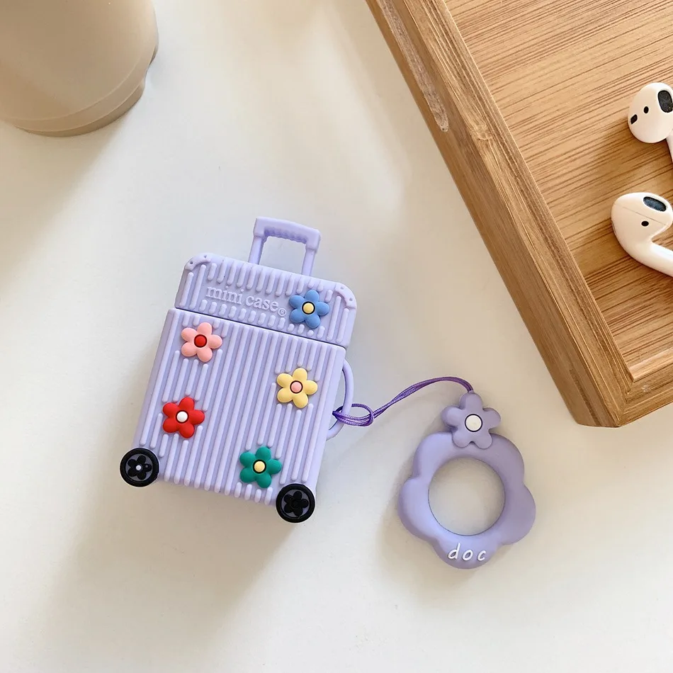 Purple Flower Чехол для AirPods, Модный милый чехол, сумка для багажа, беспроводной Чехол для наушников для Apple Airpods 2, защитный чехол с кольцом, брелок - Цвет: Purple Flower