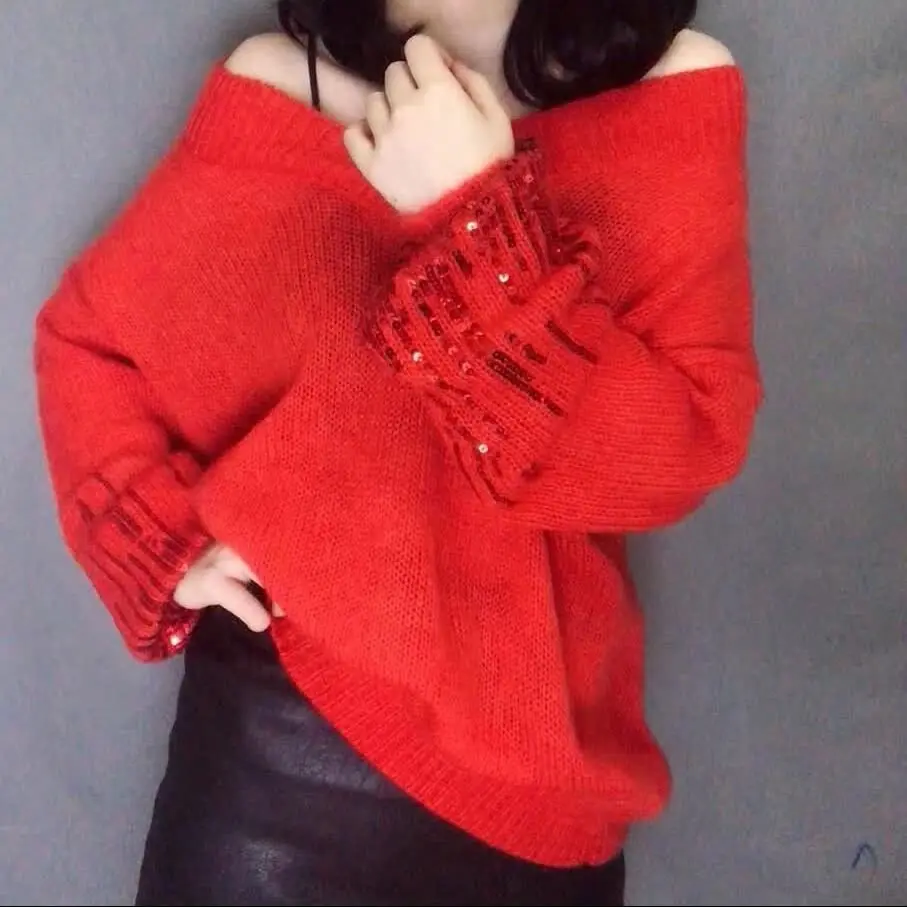 

Autumn New V-neck Hollowed Out Sweater Pullover Loose Sweater for Women