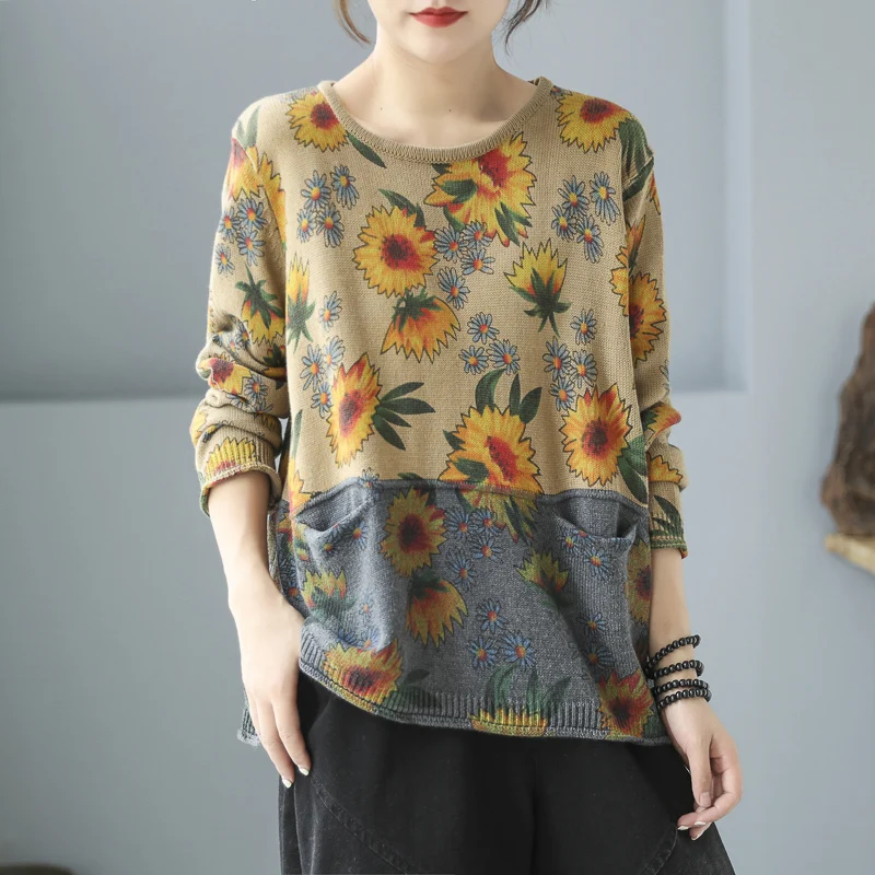 

Женский свитер в стиле ретро, Свободный пуловер с длинным рукавом и круглым вырезом, с двумя карманами, в стиле пэчворк, 2021