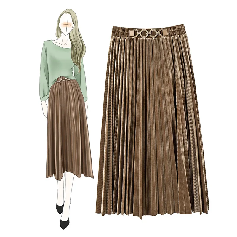 

Winter Europe Fashion Autumn New Designer High Waist Solid Vintage Mid Calf Pleated Velour Skirts Women
