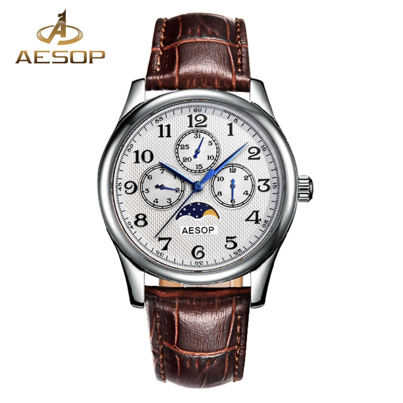 Мужские наручные часы Aesop кварцевые с сапфировым кристаллом и кожаным ремешком