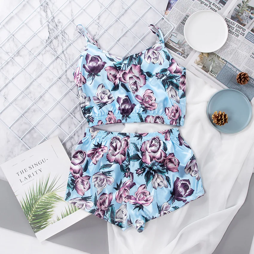 Fashion Rose Print Suspender Pajamas Set Satin Sexy Pyjamas Women Sleepwear Summer Sleeveless V-neck Top Shorts For Sleep