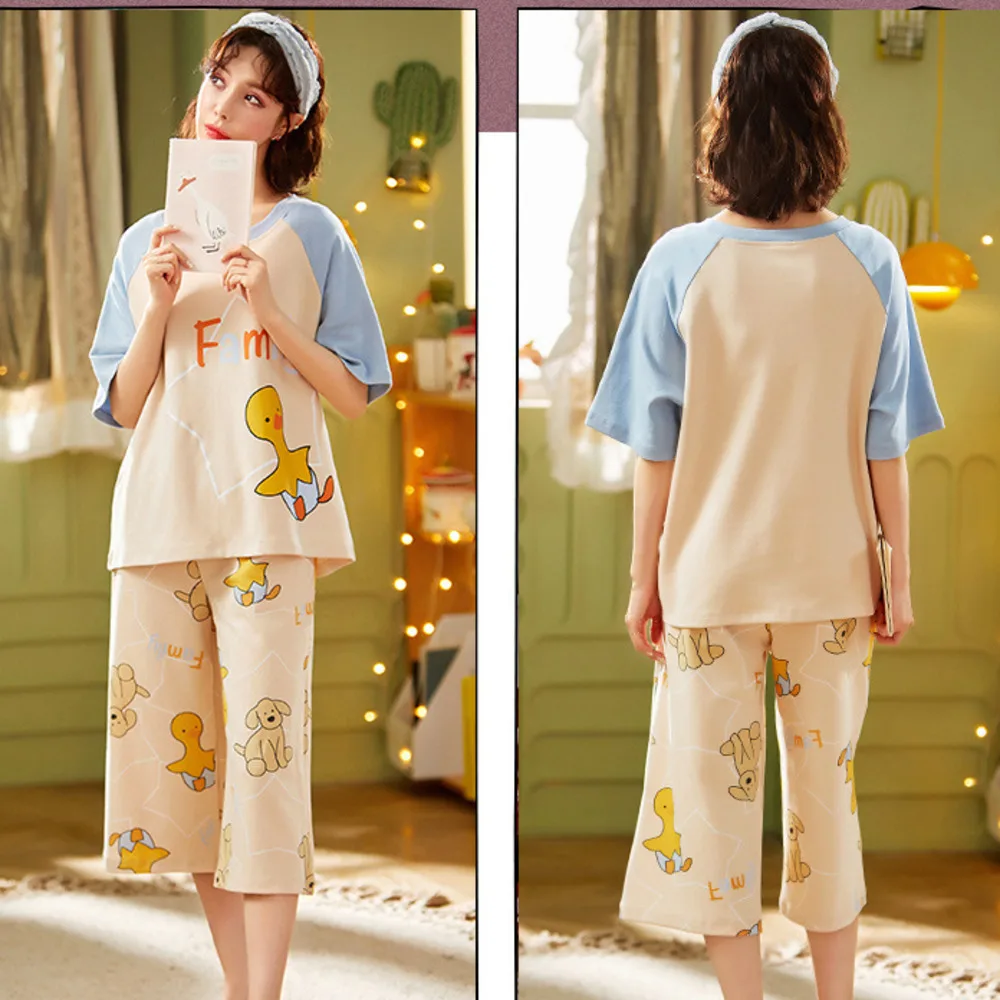 

Short Sleeve Capris Pajamas Women's Summer Cotton Korean Version Women's Cartoon Home Clothes Can Wear Large Size Suit