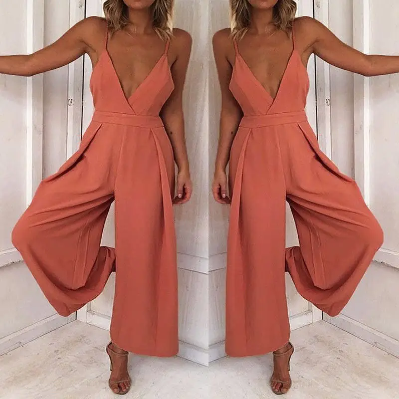 

2019 Elegant Women OL Deep V Strap Playsuit Jumpsuit Backless Lace-up High Waist Party Jumpsuit Club Formal Wide Leg Pant Romper