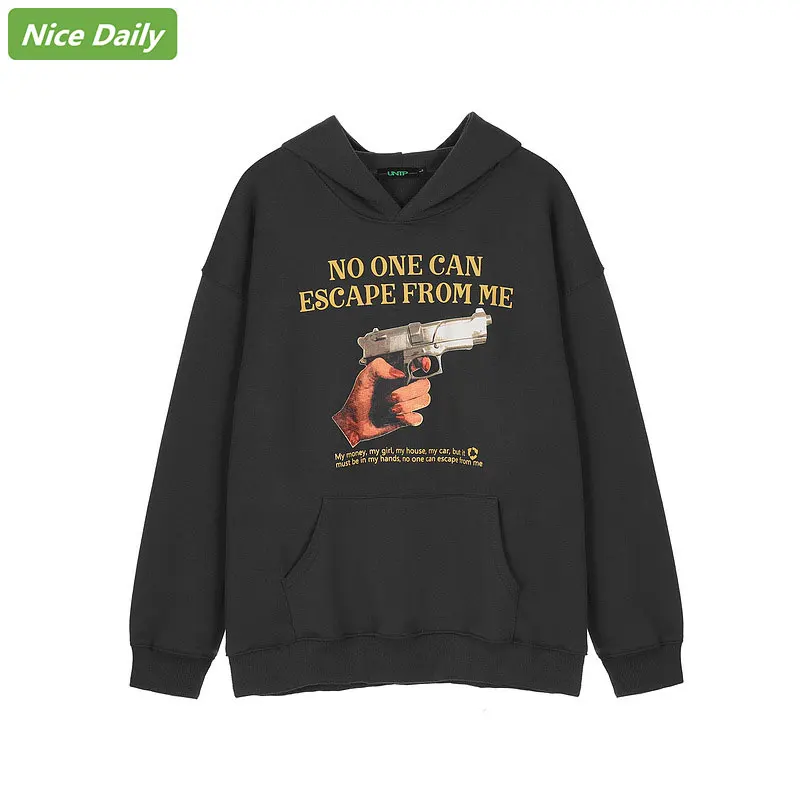 

NiceDaily Men Hoodies Autumn Winter Hand Gun Print Streetwear Retro Hooded Hoodies Men Women Fashion Brand Hip-Hop Pullover Warm