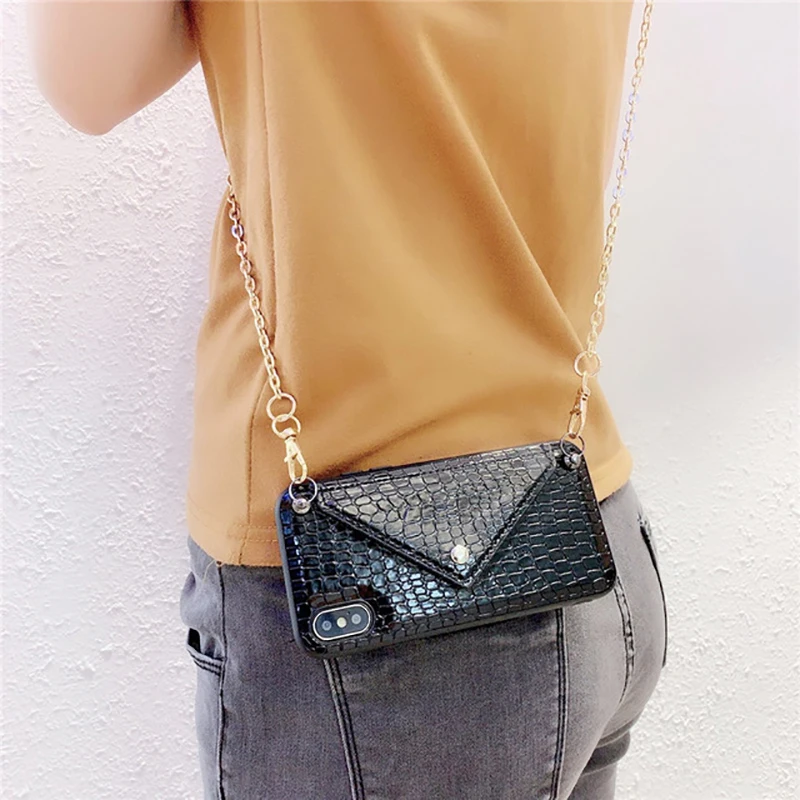 Чехол кошелек с длинной цепочкой для телефона iPhone 12 11Pro XS Max 7 8 6 6S Plus X XR текстурный