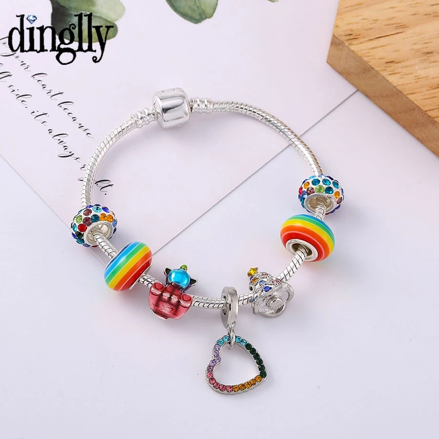 

Dinglly Blue & Red Unicorn Beaded Heart Charm Bracelets For Boys Girls Original Rainbow Beaded Bracelet Child Kids Bangles Gift